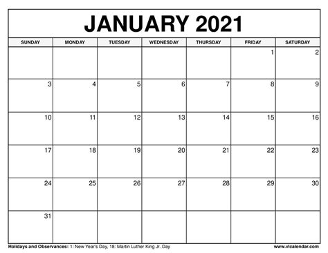 Calendar January 2021 Printable